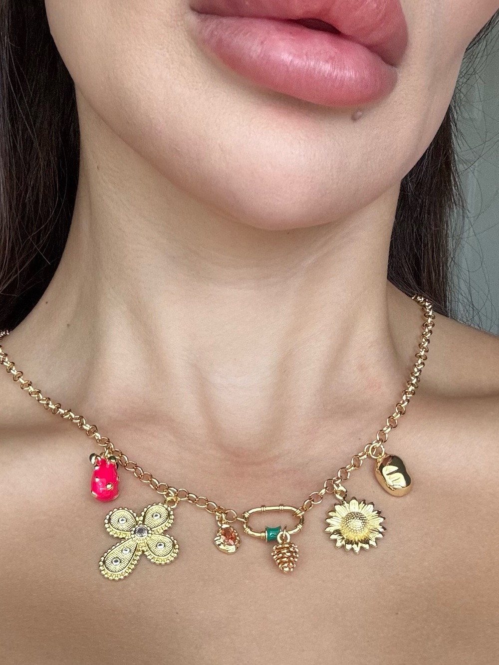 Gold Charm Necklace with Pink Accent and Green Detail - Picture 2 of 4